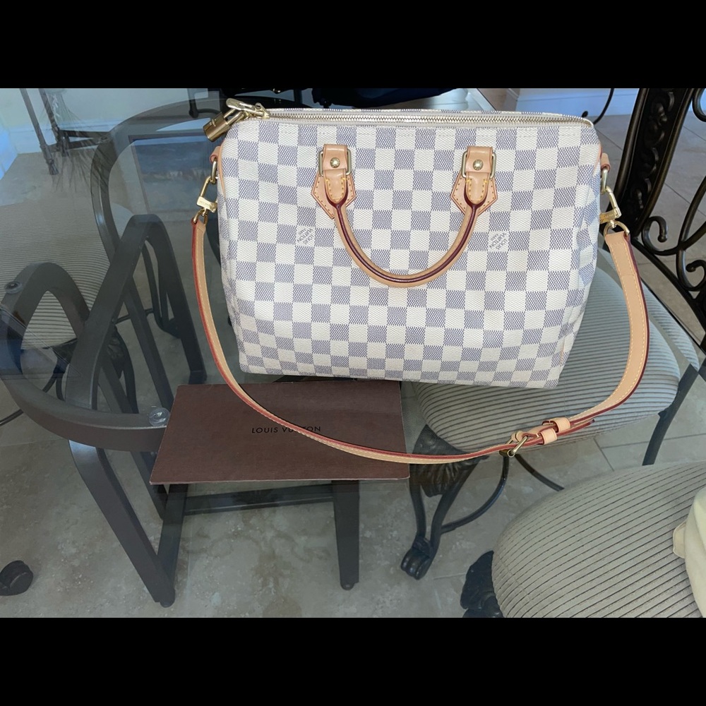 2014 Louis Vuitton Speedy 30 Damier Azur with band.